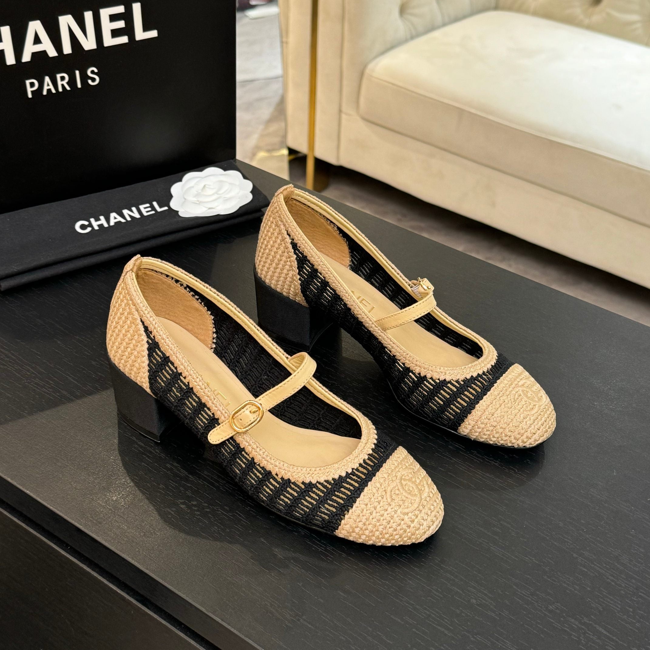 zCHANE.L 25P Mary Jane 50Mm Beige Black Raffia 373791