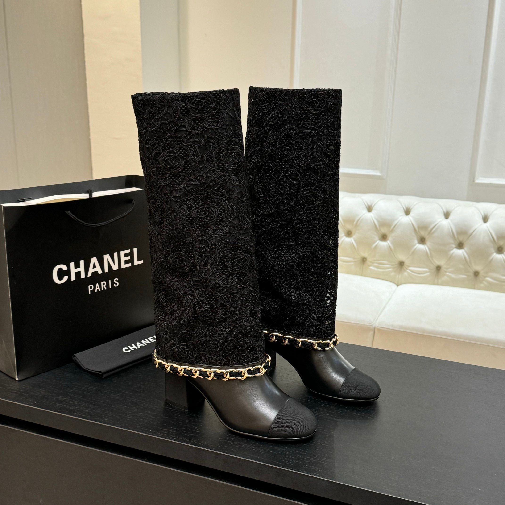 zCHANE.L Cc 25B High Boots Black Lace With Chain And Grosgrain 373806