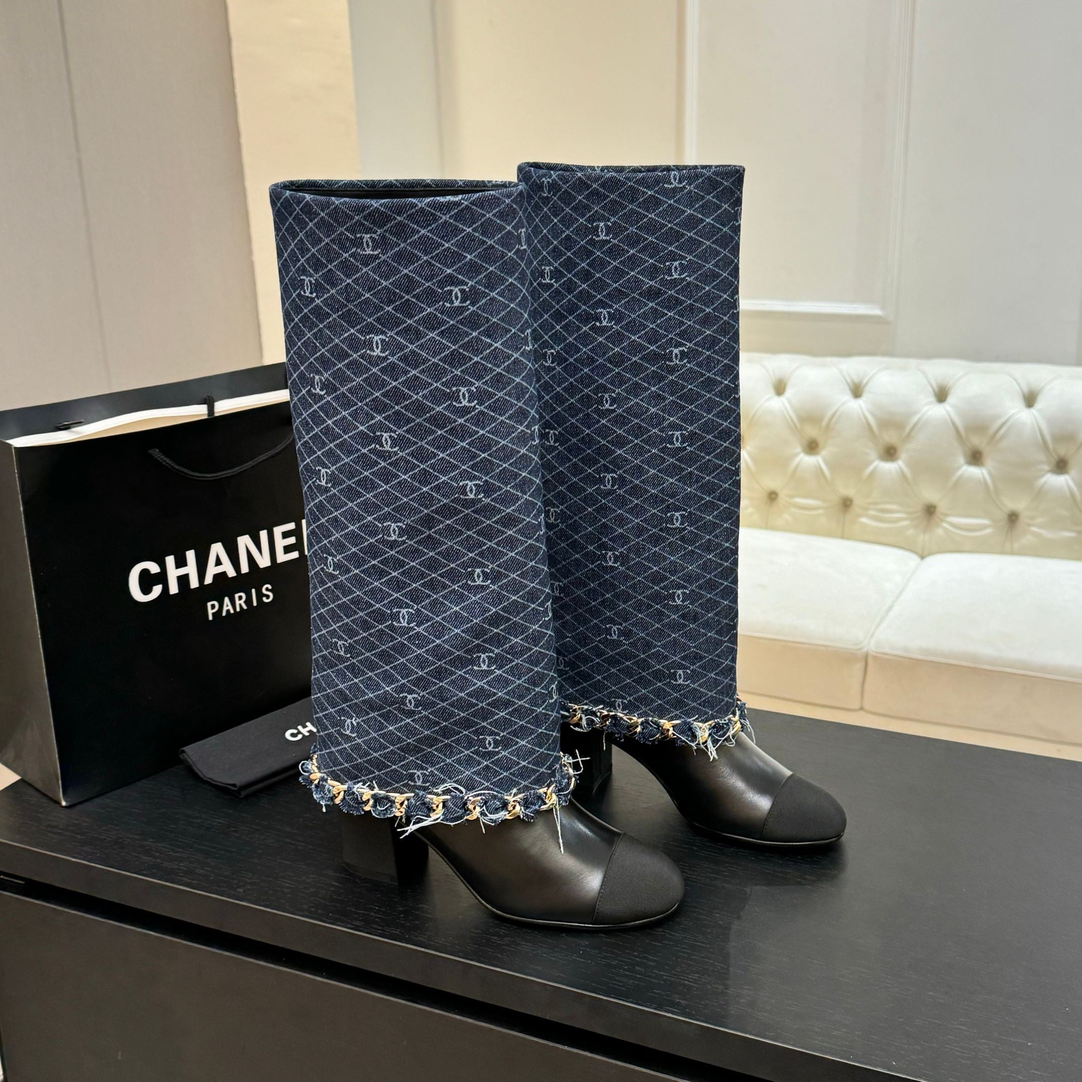 zCHANE.L Cc 25B High Boots Navy Blue Denim With Chain Black Grosgrain 373807
