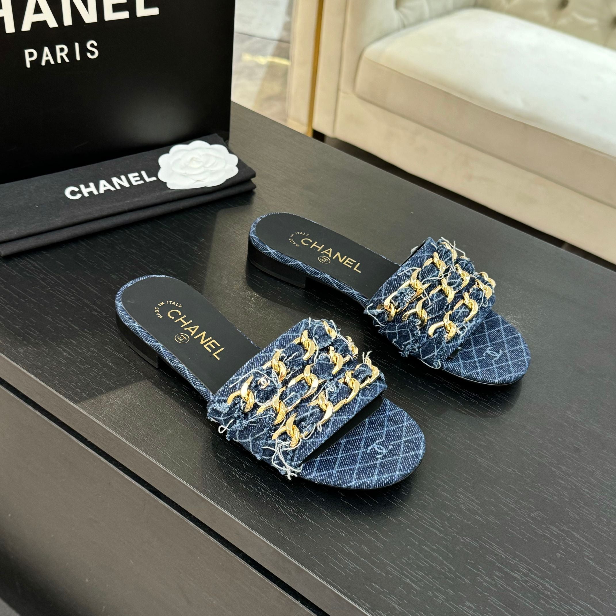 zCHANE.L 25B Flat Mule Sandals Navy Blue Denim With Chain 373812