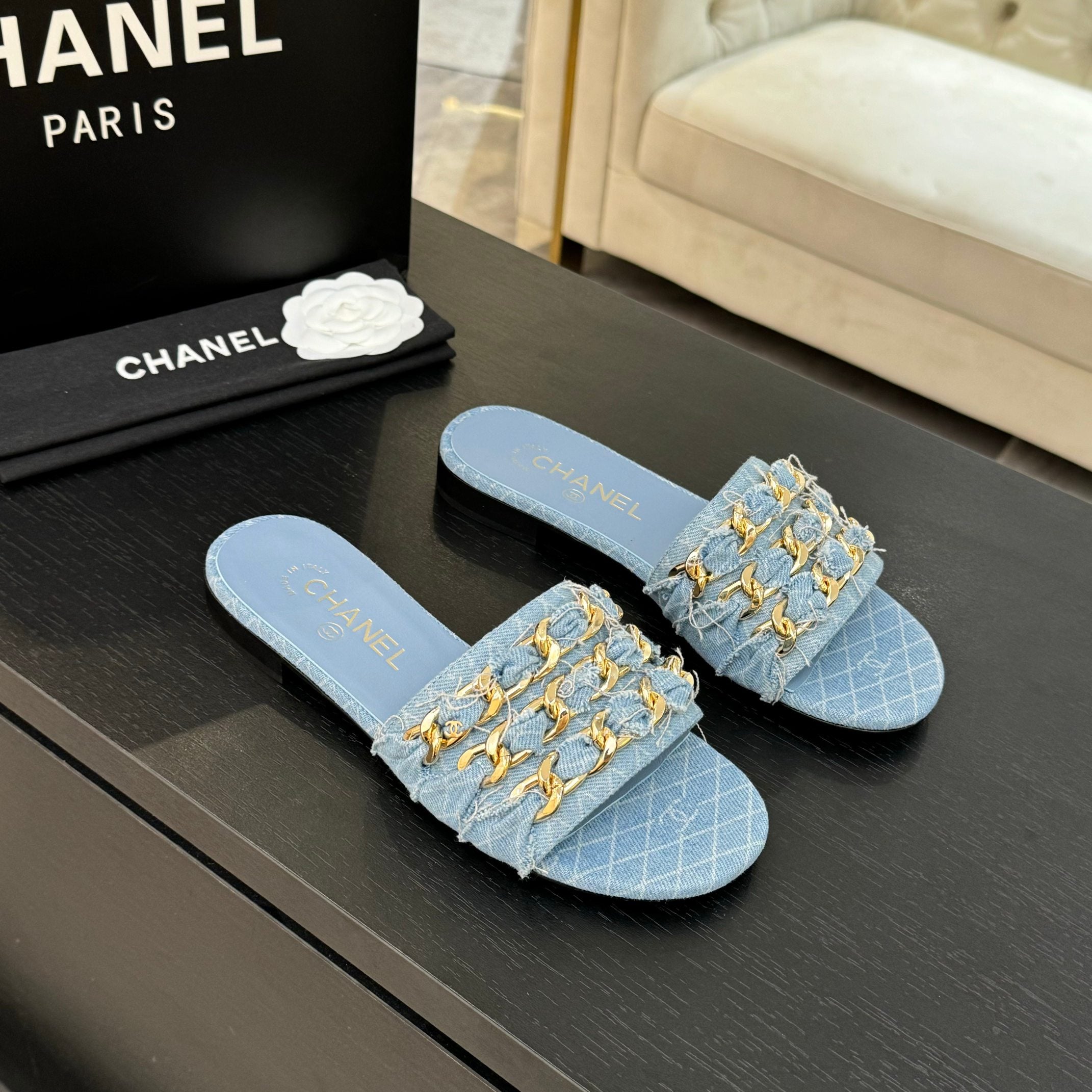 zCHANE.L 25B Flat Mule Sandals Light Blue Denim With Chain 373813