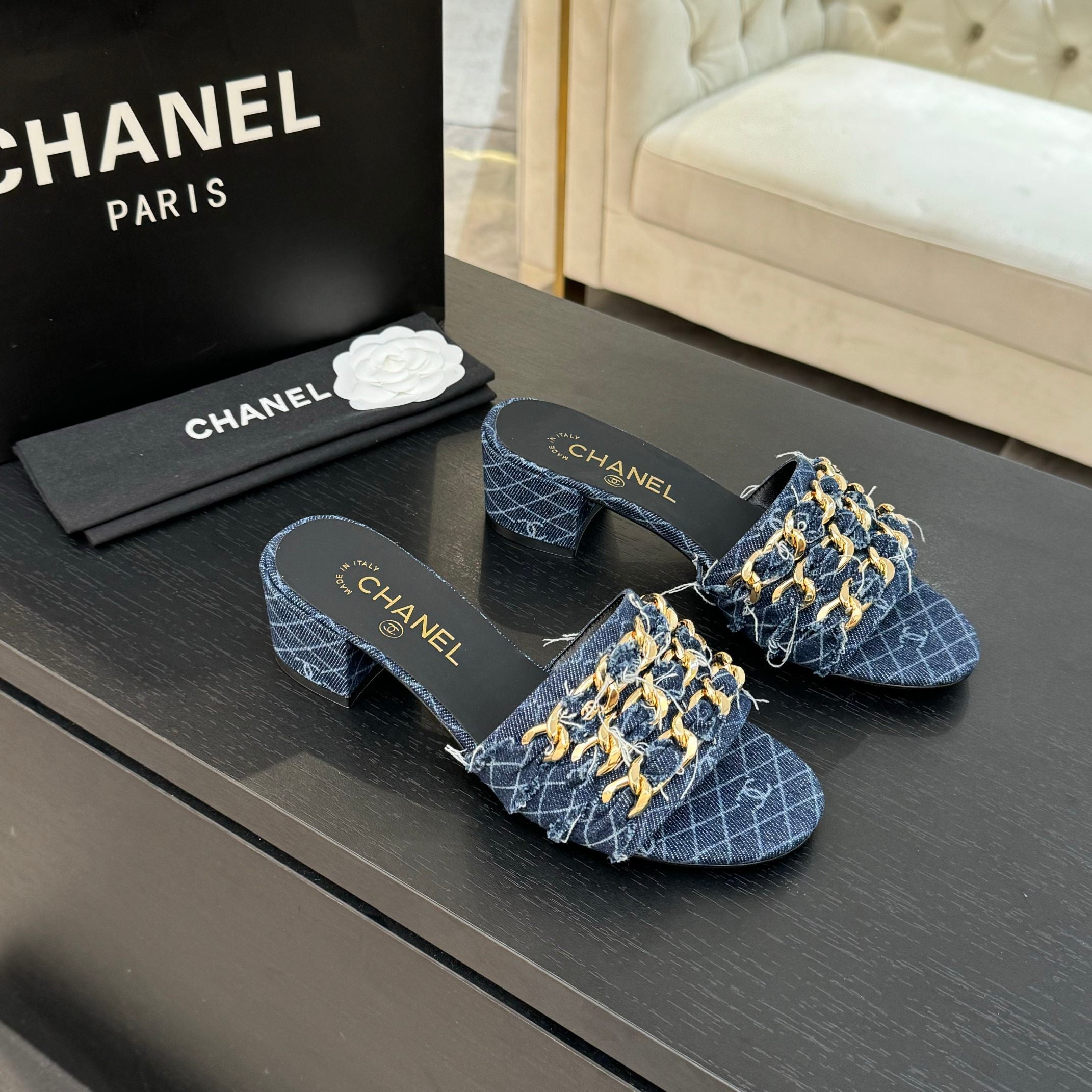 zCHANE.L 25B Heel Mule Sandals 50mm Navy Blue Denim With Chain 373821