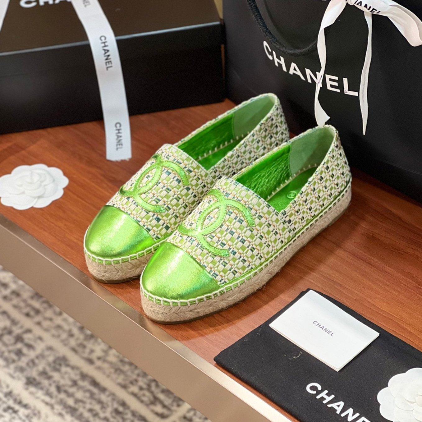 zCHANE.L Espadrilles Beige Green Woolen Cloth Green Metalic Lambskin