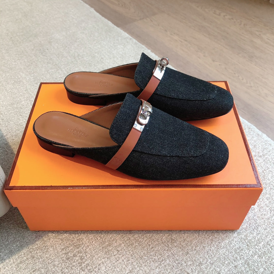 zHERME.S Oz Mule Denim Black Brown Cowhide 756853