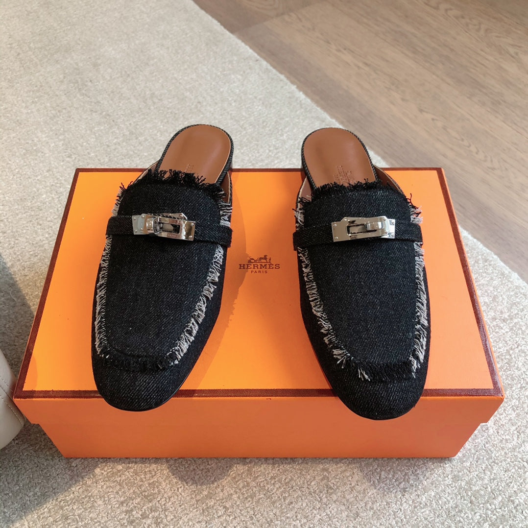 zHERME.S Oz Mule Denim Black Cowhide 756855