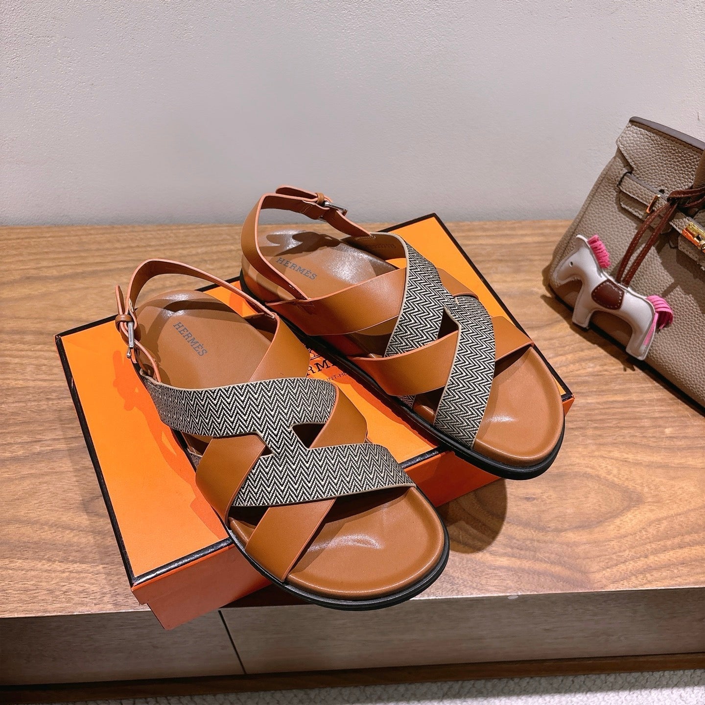 zHERME.S 25 Heracles Sandal Brown Calfskin Dark Grey Canvas
