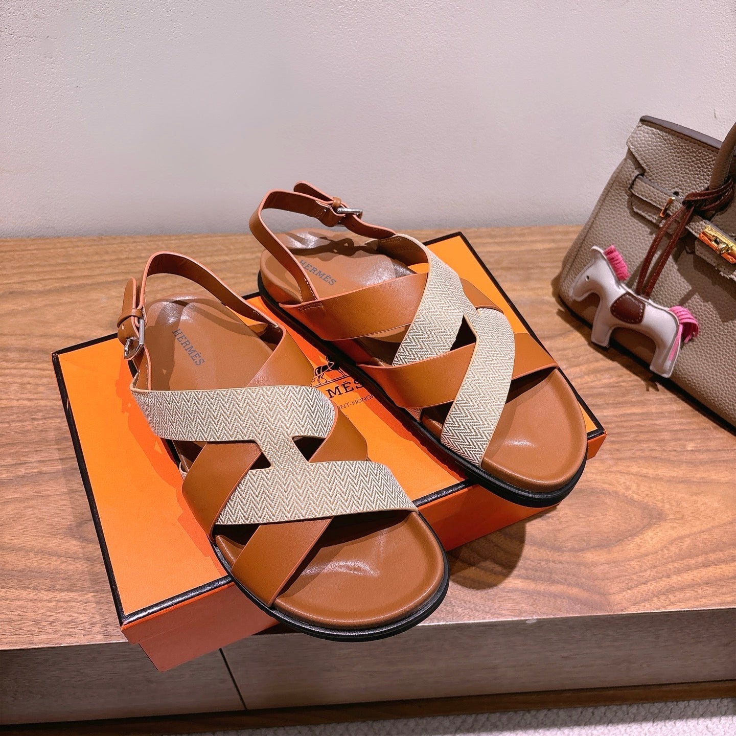 zHERME.S 25 Heracles Sandal Brown Calfskin Light Pink Canvas