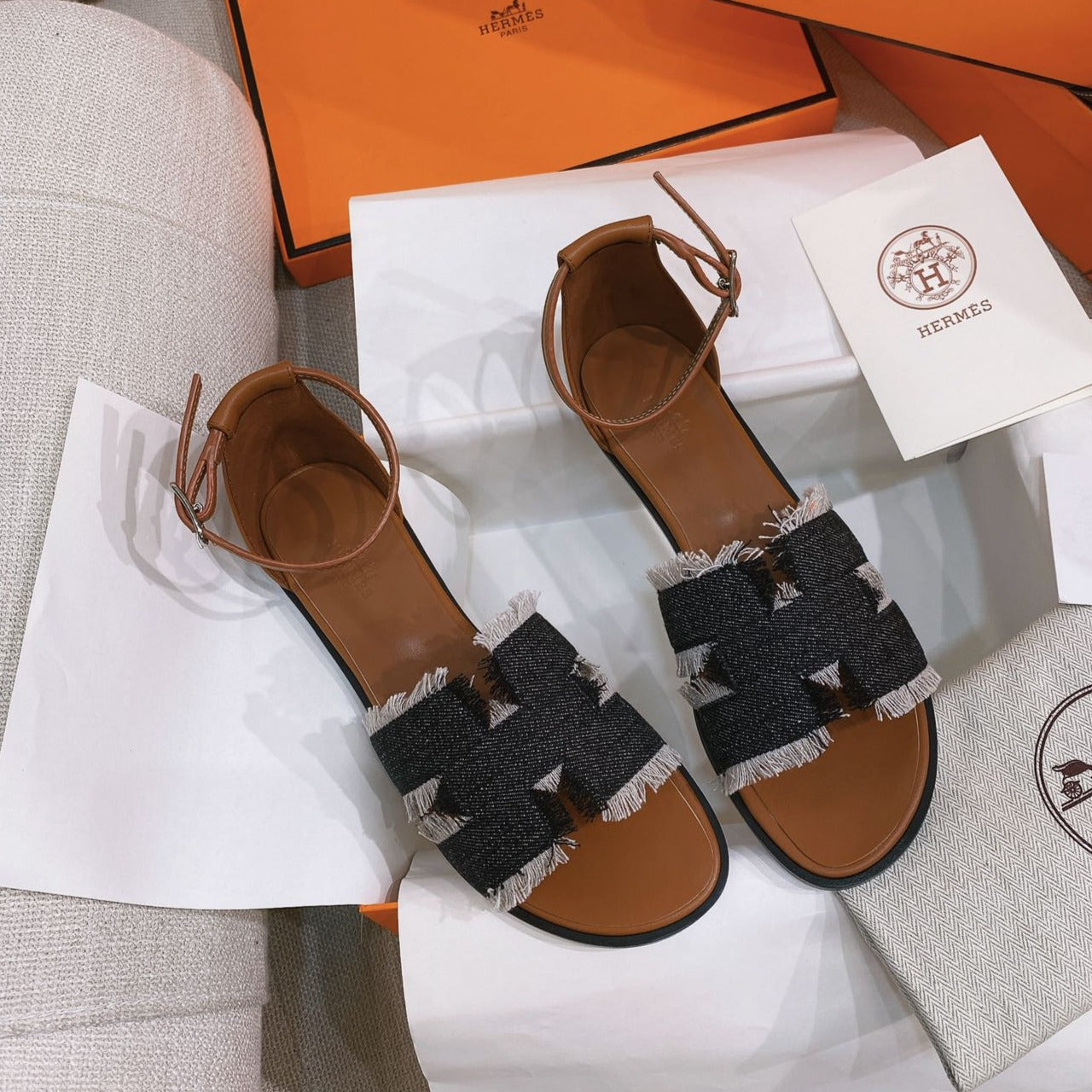 zHERME.S Santorini Sandal Black Denim Brown Calfskin