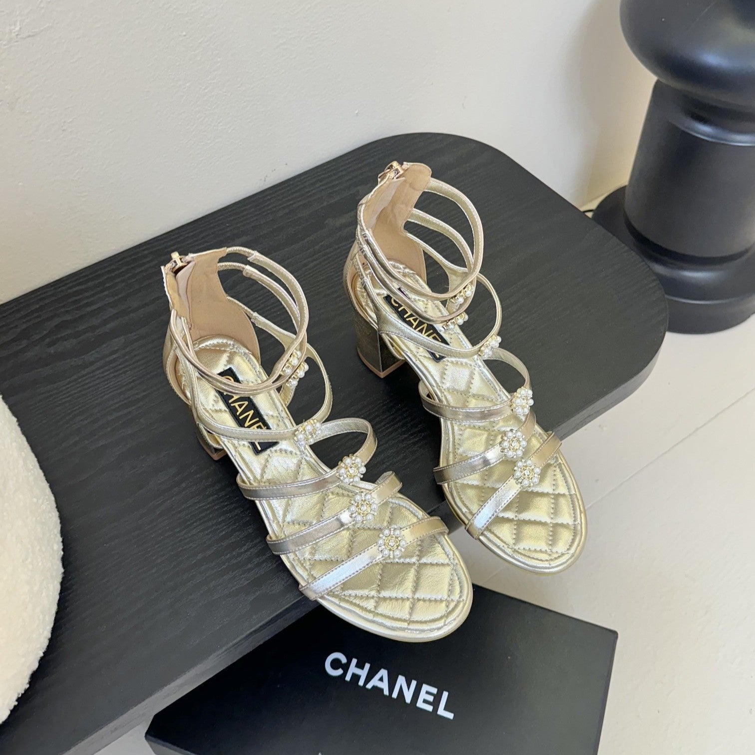 zCHANE.L 25SS Camellia Multi Straps Heel Sandal 60mm Gold Metallic Sheepskin 351435