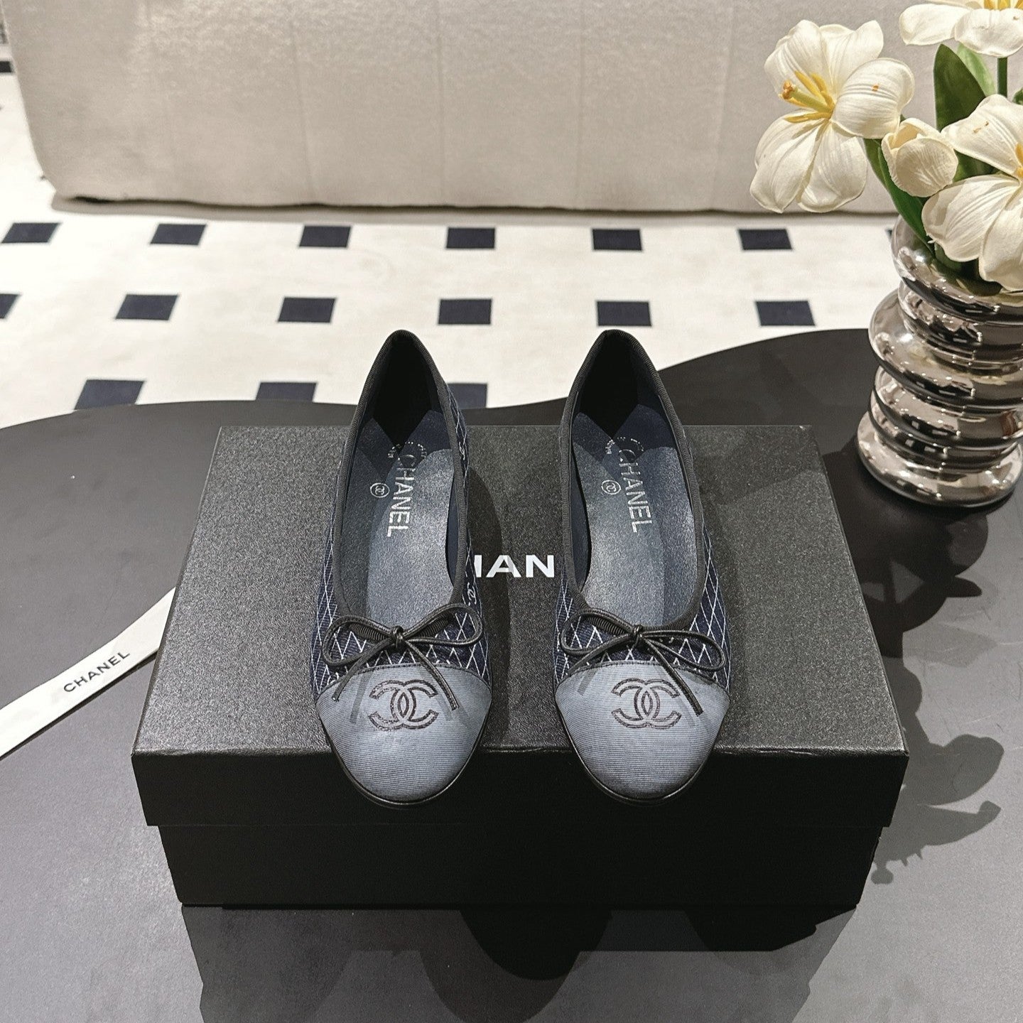 zCHANE.L 25C Ballet Flat Cross Line Pattern Dark Blue Denim 237480