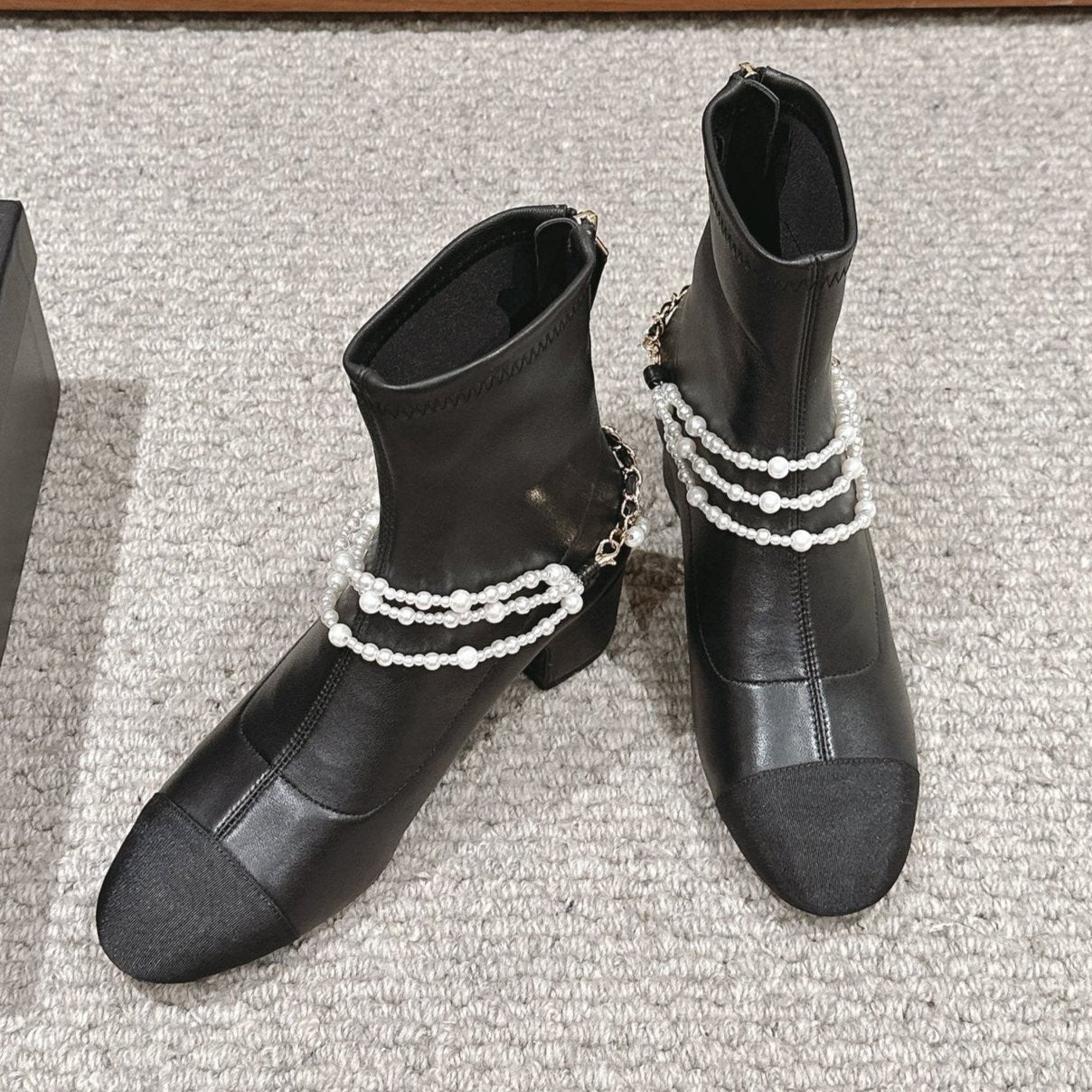 zCHANE.L Cc Low Cut Boots In Black Stretch Lambskin And Grosgrain With Pearl Chain