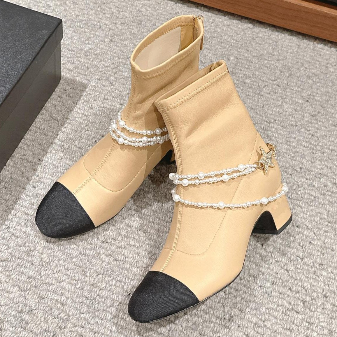 zCHANE.L Cc Low Cut Boots In Sepia Beige Stretch Lambskin And Grosgrain With Pearl Chain