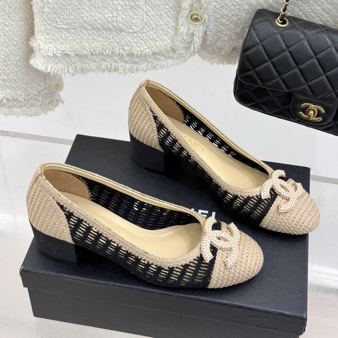 zCHANE.L 25P Hollow Double C Ballet Flats 50Mm Beige Black Raffia 265636