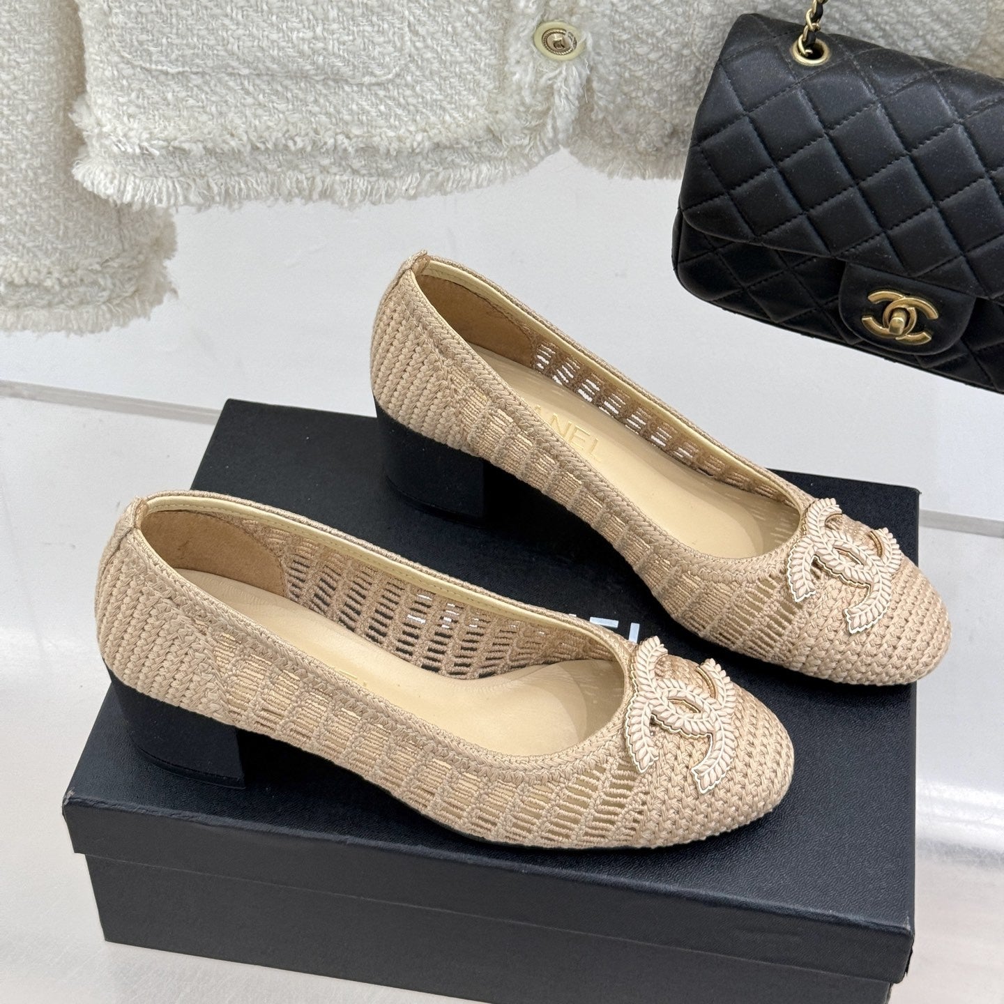 zCHANE.L 25P Hollow Double C Ballet Flats 50Mm Beige Raffia 265638