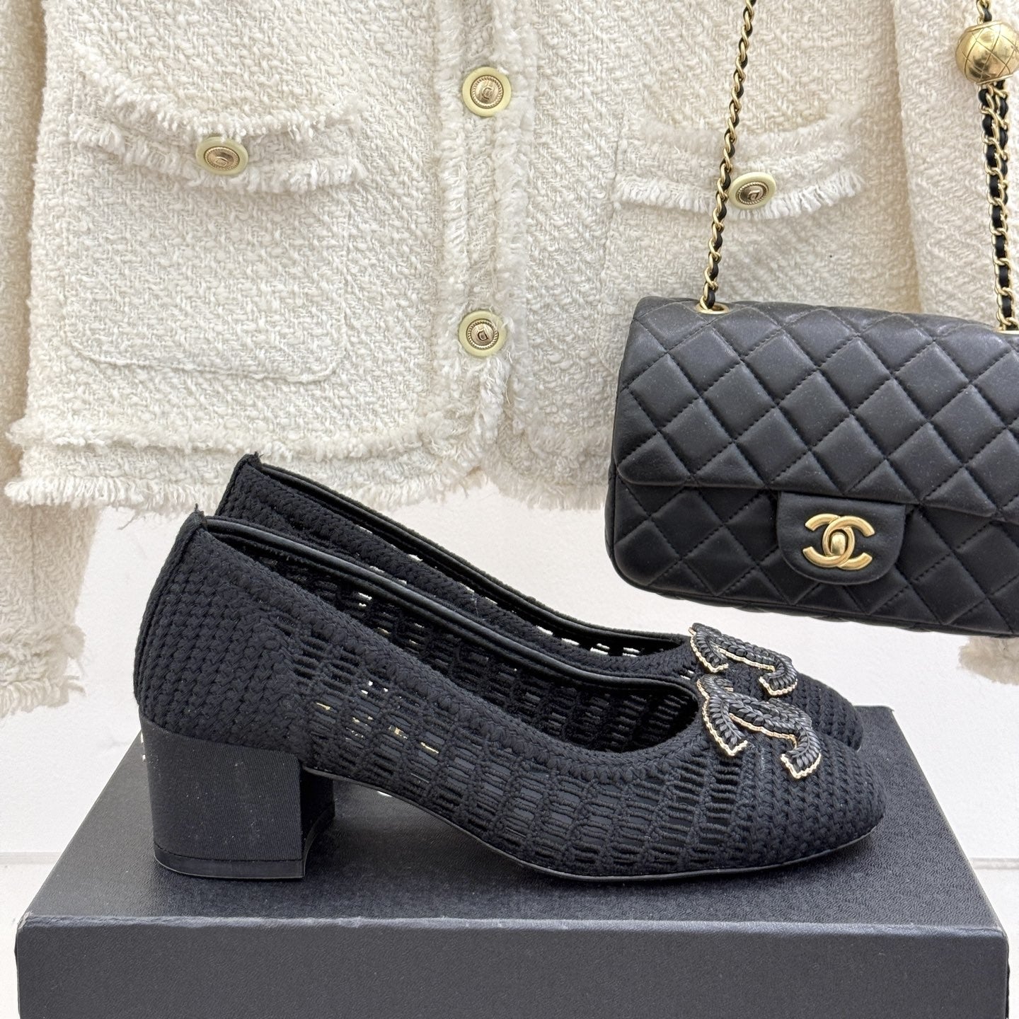 zCHANE.L 25P Hollow Double C Ballet Flats 50Mm Black Raffia 265639