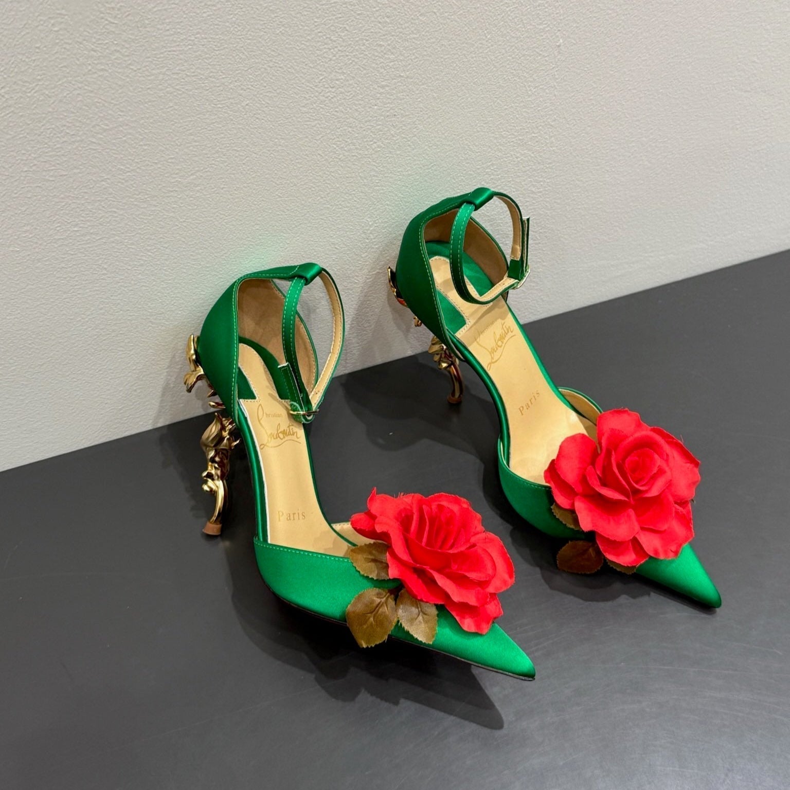zCHANE.L Cc 25 Flower Rose Pumps Green Silk 337165