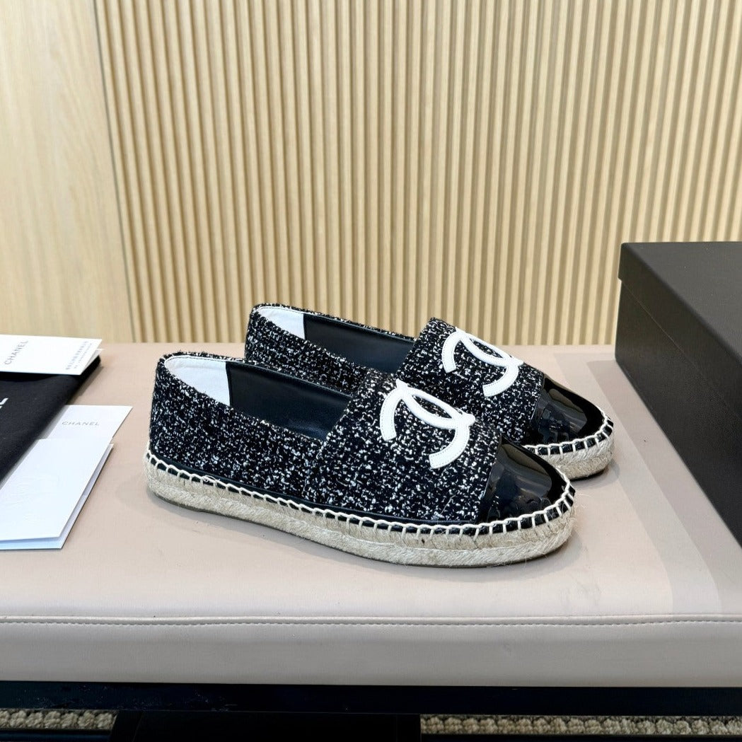 zCHANE.L Espadrilles Black White Tweed Black Patent Calfskin