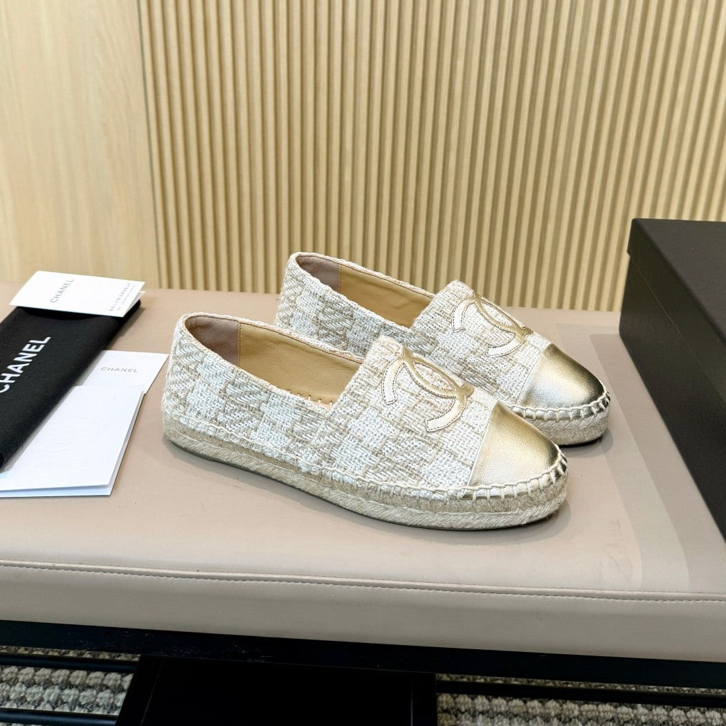 zCHANE.L Espadrilles White Brown Braided Fabric Gold Metalic Calfskin