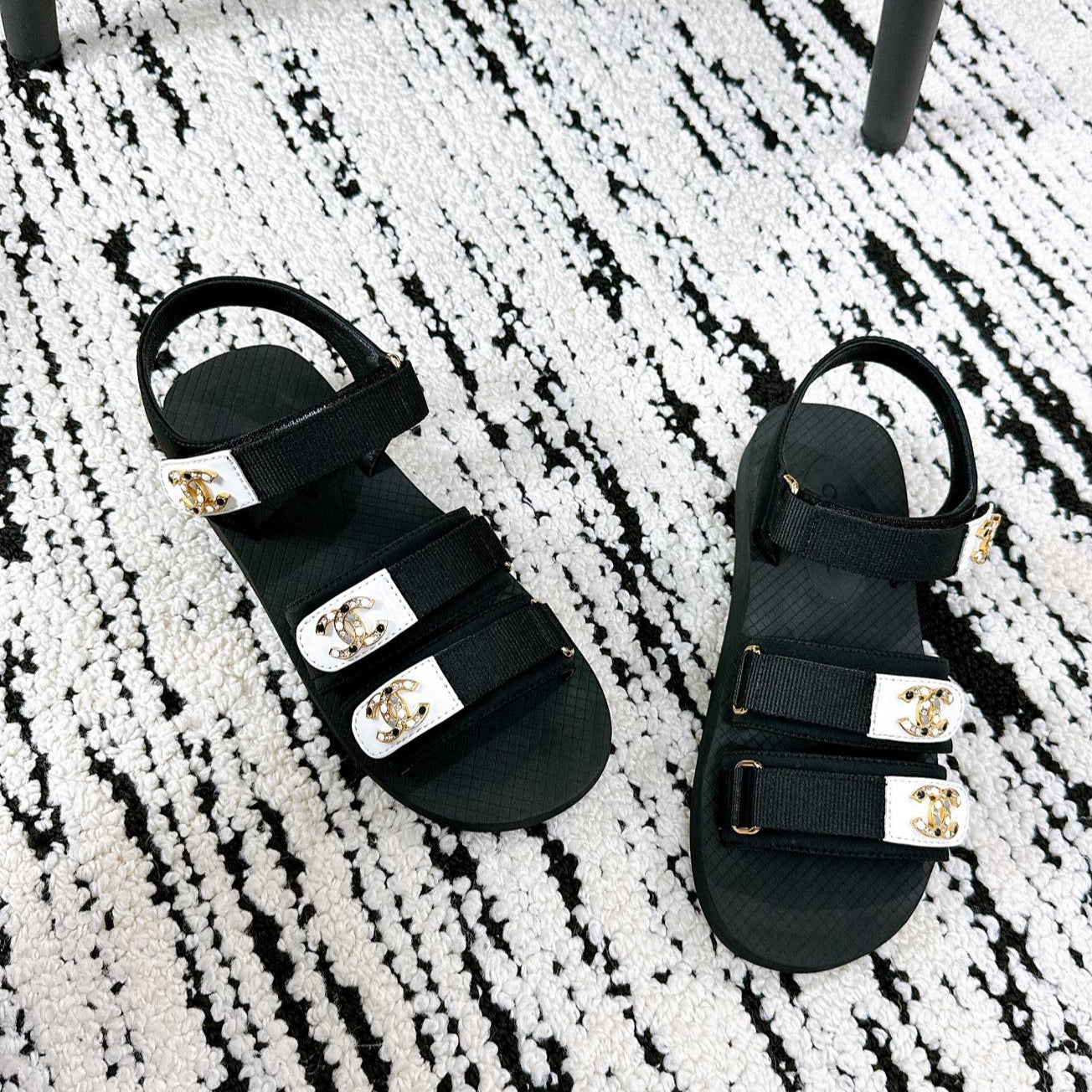 zCHANE.L 25 Dad Sandals Black White Fabric Leather 300168