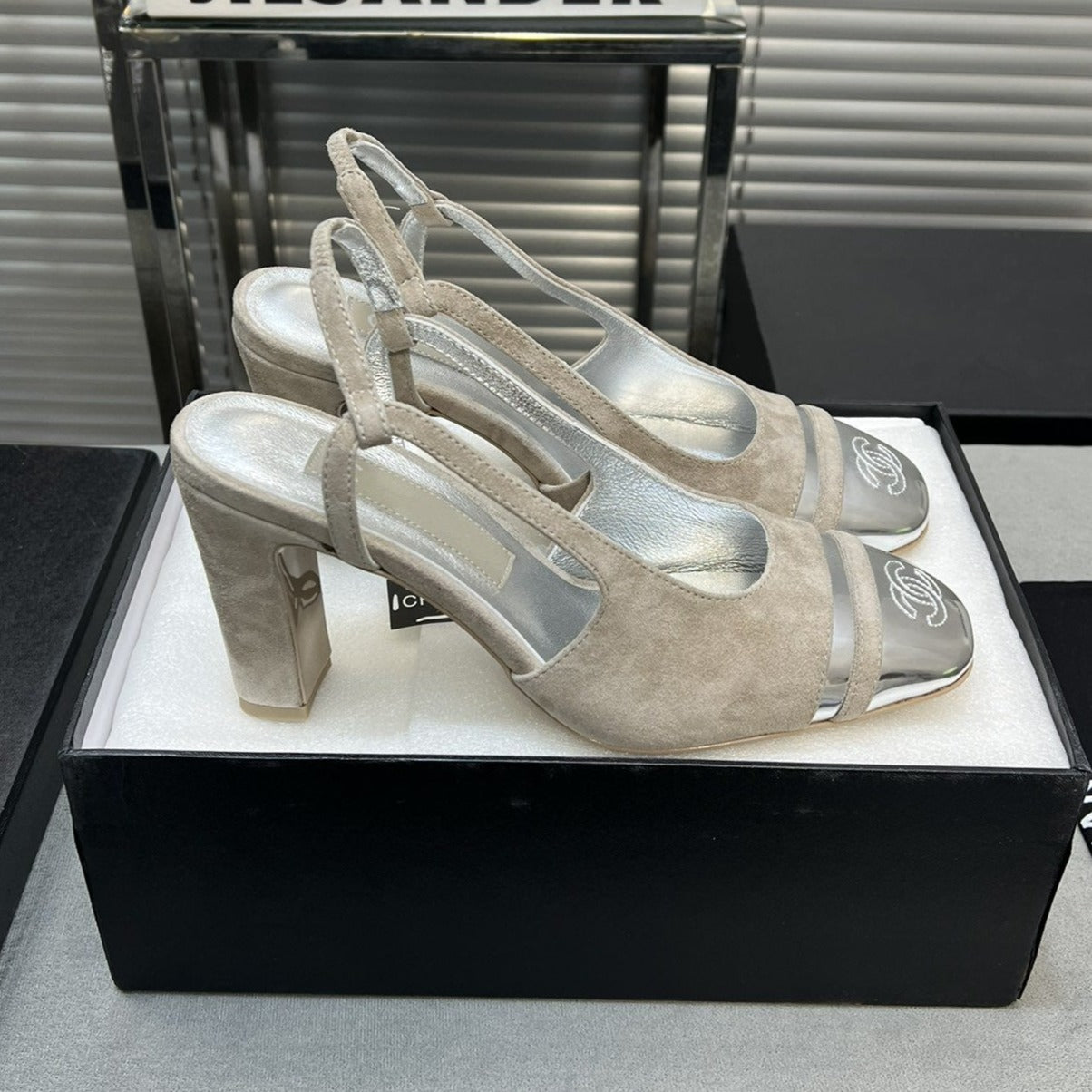 zCHANE.L Slingback Grey Suede Silver Metalic Lambskin Square Toe 9.5