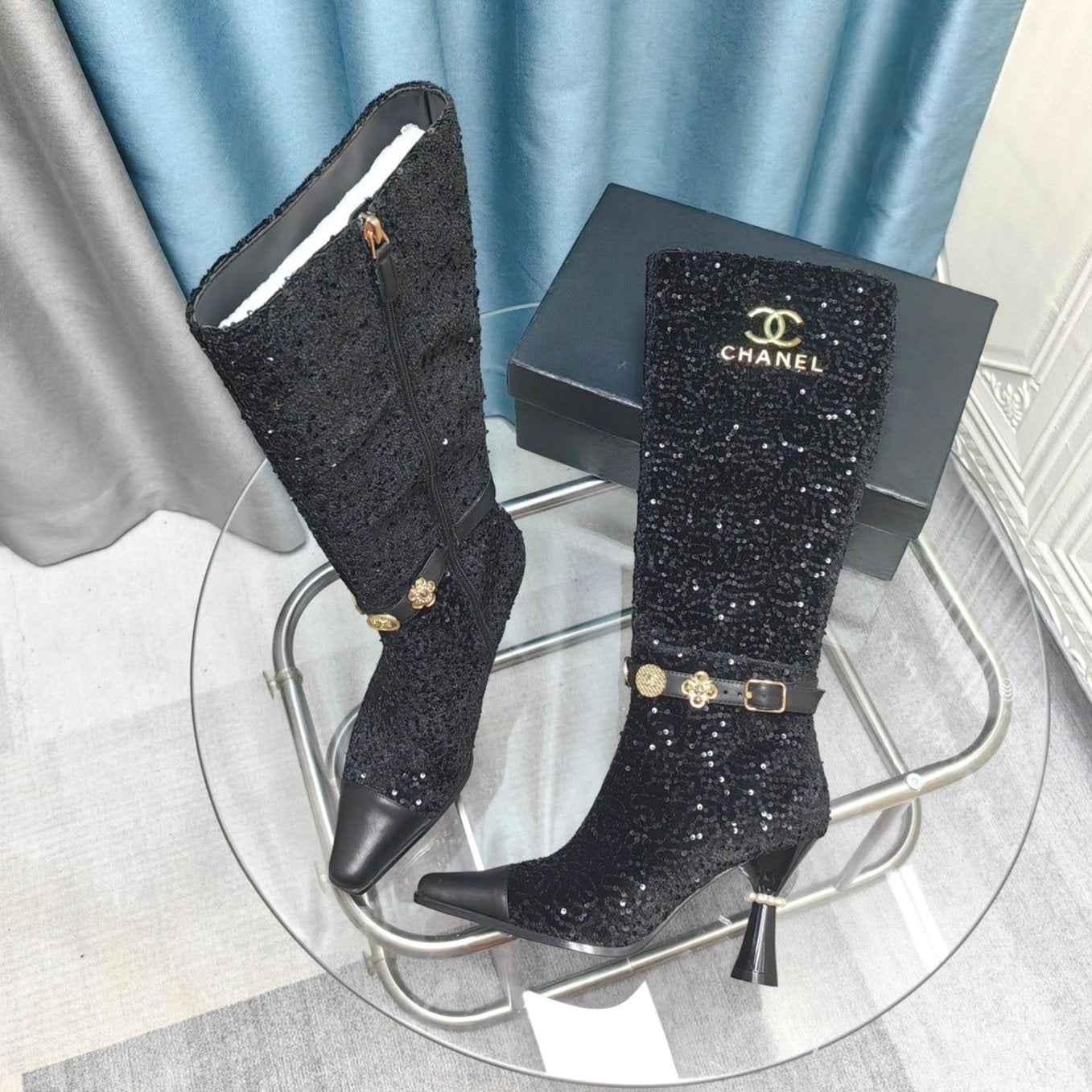 zCHANE.L Cc High Boots Black Beaded Fabric And Cowhide
