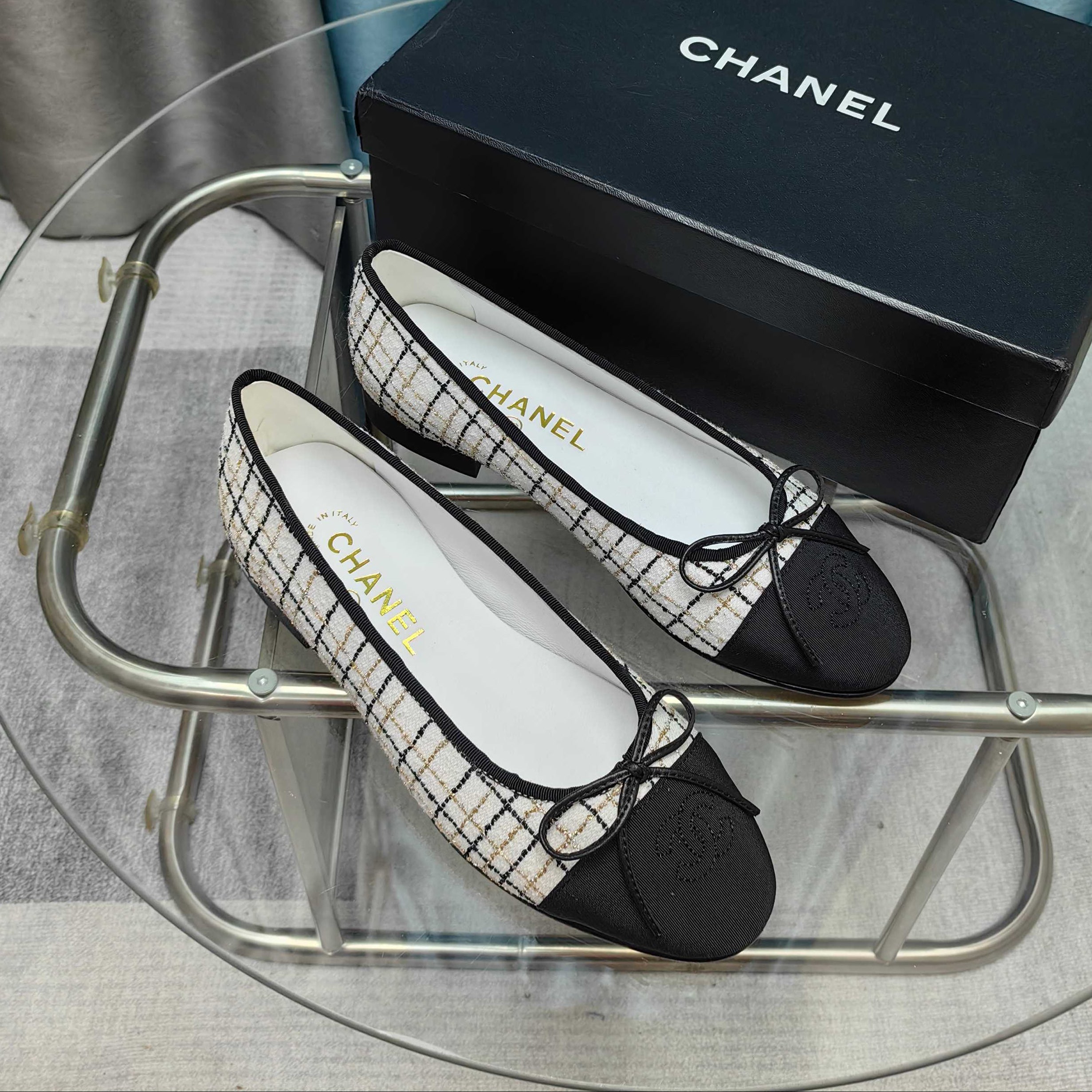 zCHANE.L 25P Ballet Flat White Tweed Black Grosgrain
