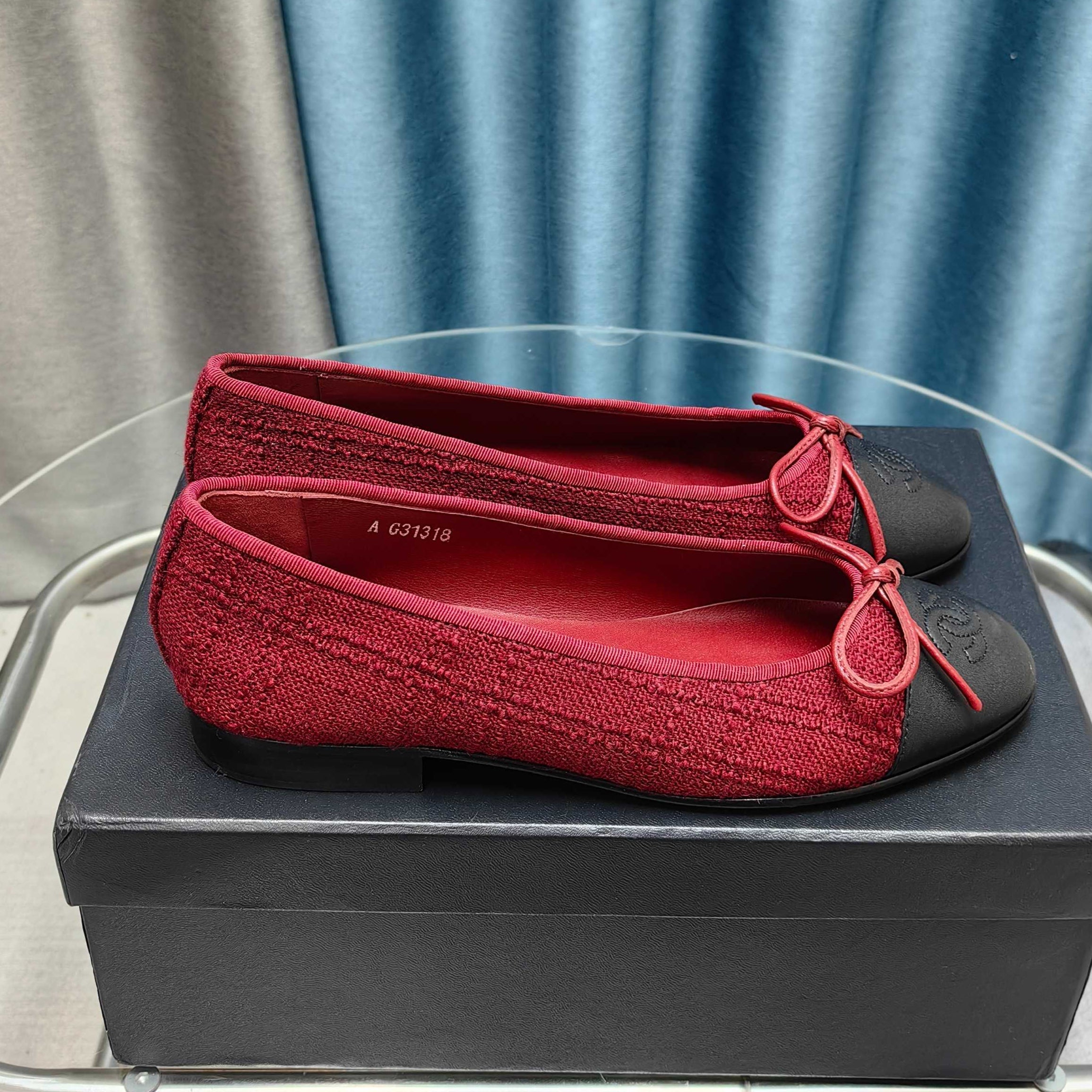 zCHANE.L 25P Ballet Flat Red Tweed Black Calfskin