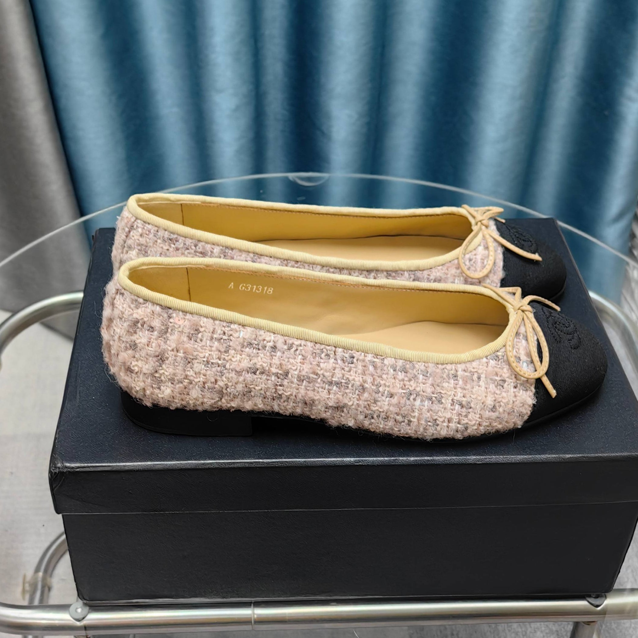 zCHANE.L 25P Ballet Flat Light Pink Tweed Black Grosgrain