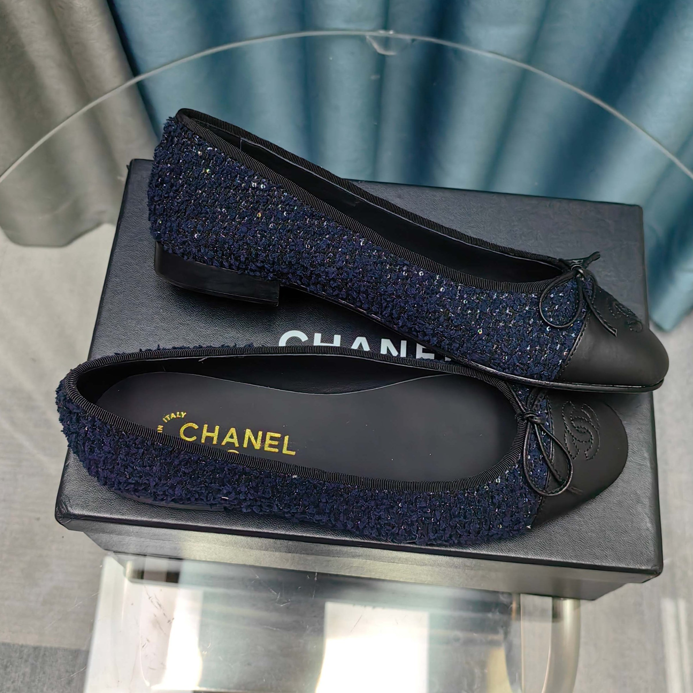 zCHANE.L 25P Ballet Flat Dark Blue Tweed Black Calfskin