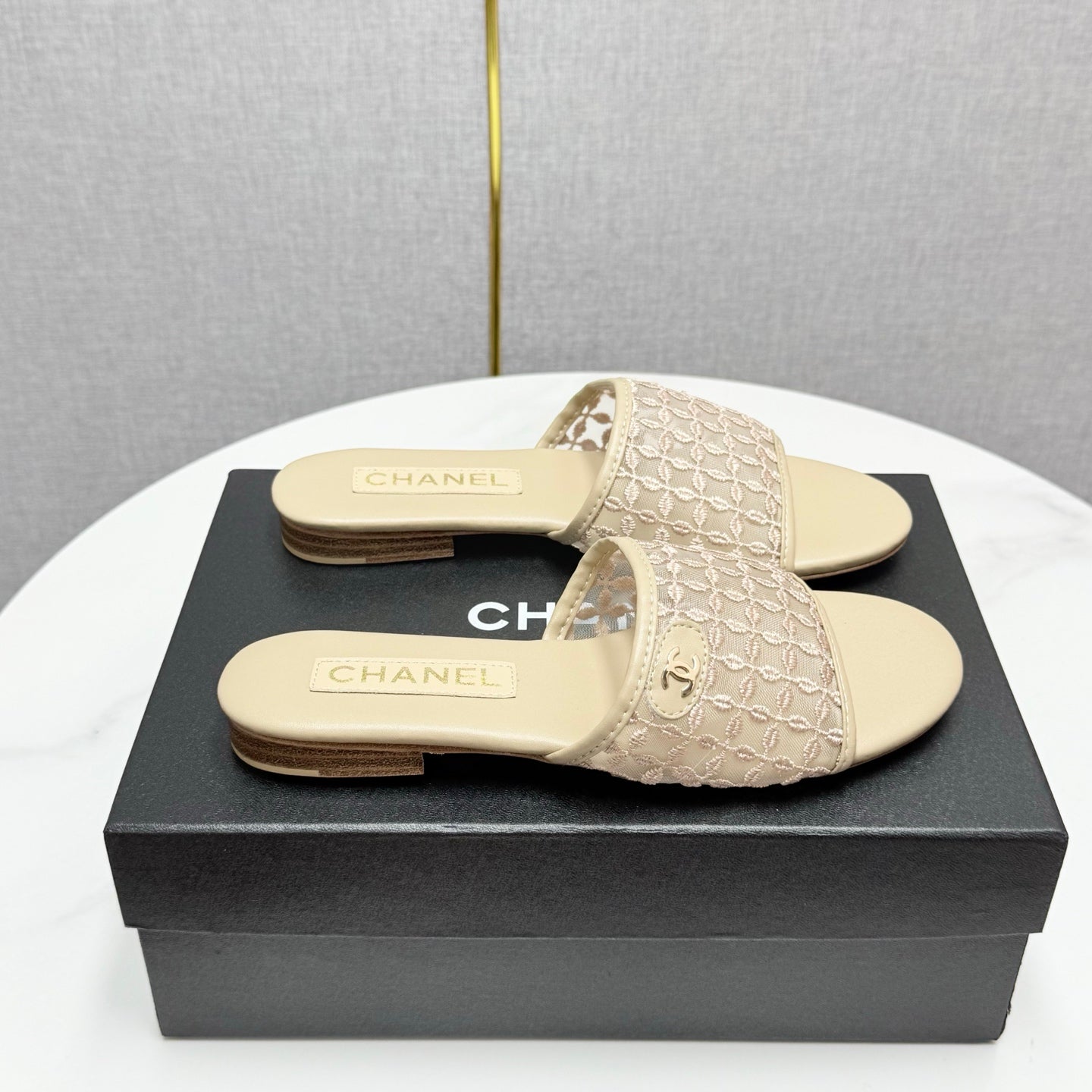zCHANE.L 25 Flat Mule Sandals Beige Mesh And Sheepskin 368807