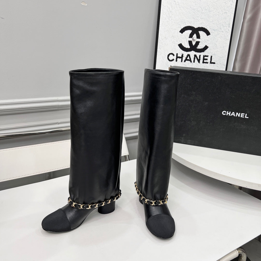 zCHANE.L Cc 25 High Boots With Chain 55Mm Black Cowhide Grosgrain 374026
