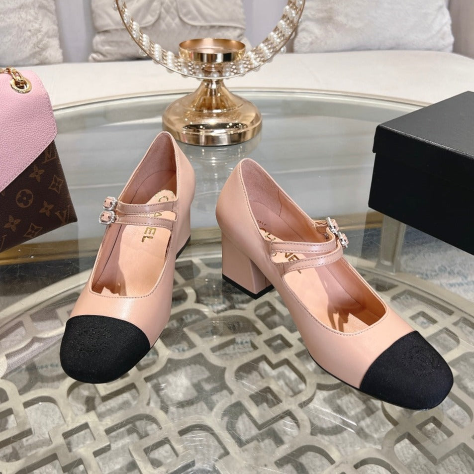 zCHANE.L Mary Janes 60 Double Buckle Beige Calfskin Black Grosgrain