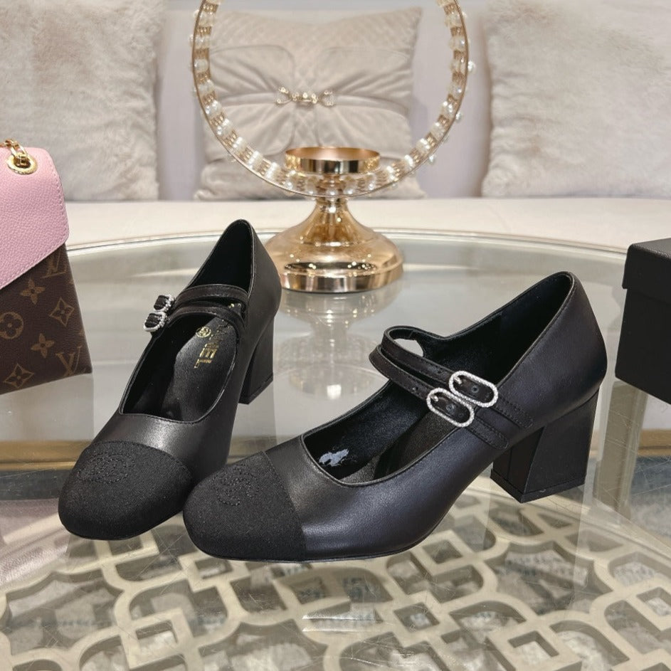 zCHANE.L Mary Janes 60 Double Buckle Black Calfskin Grosgrain