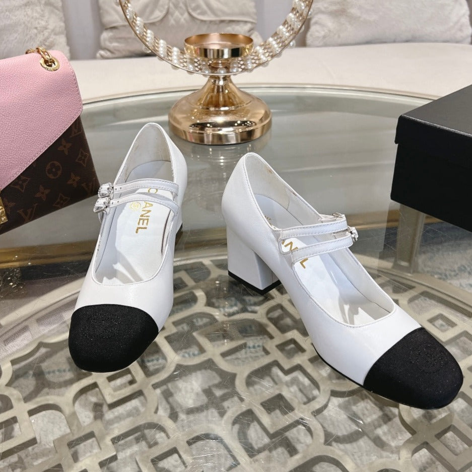 zCHANE.L Mary Janes 60 Double Buckle White Calfskin Black Grosgrain