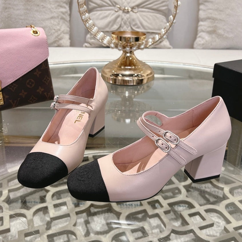 zCHANE.L Mary Janes 60 Double Buckle Light Pink Calfskin Black Grosgrain