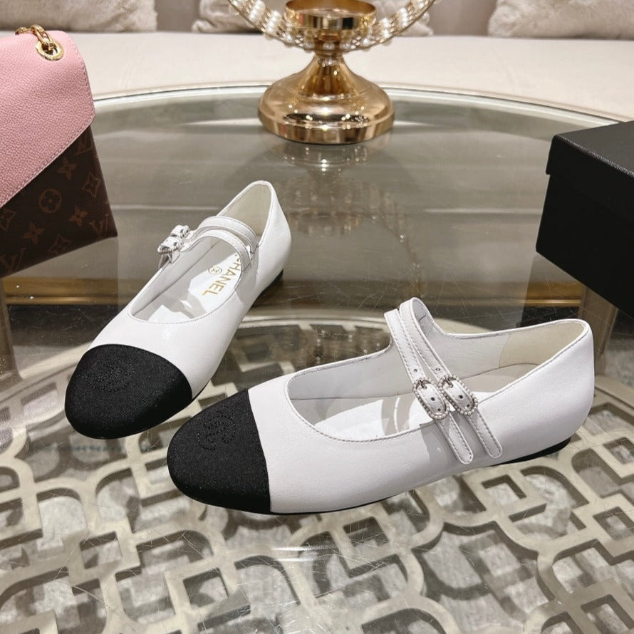 zCHANE.L Mary Janes Double Buckle White Calfskin Black Grosgrain