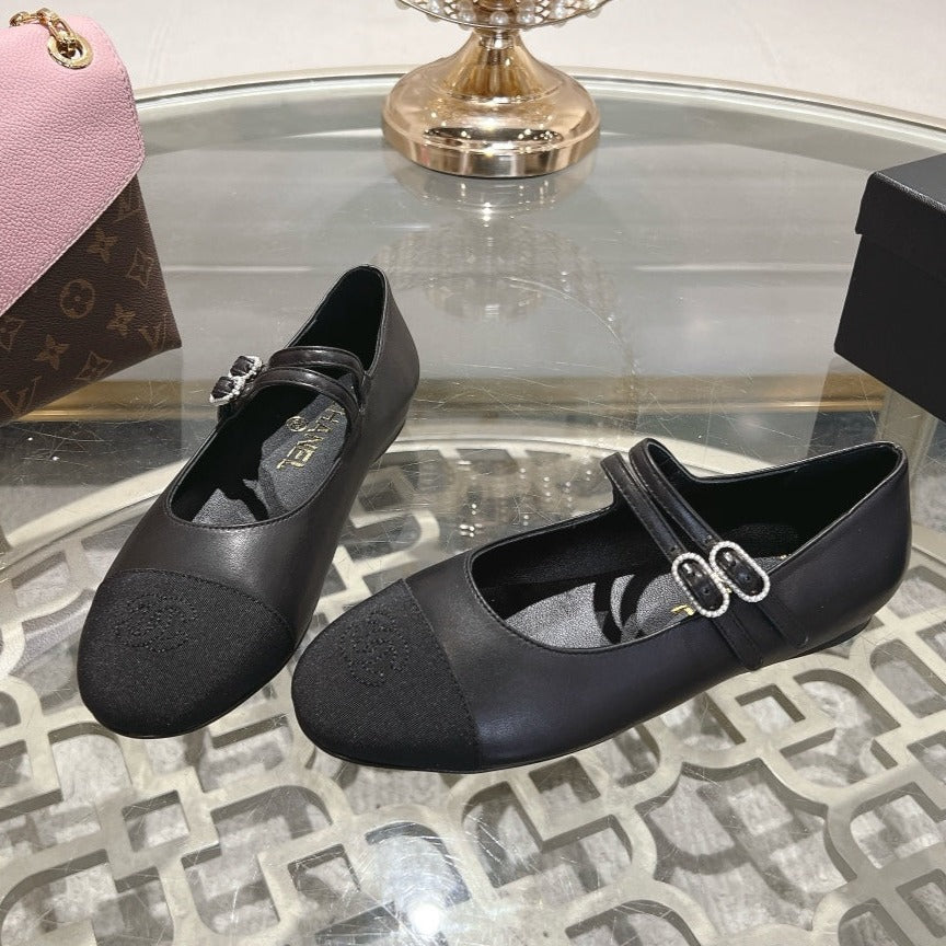 zCHANE.L Mary Janes Double Buckle Black Calfskin Grosgrain