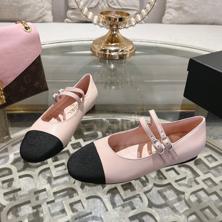 zCHANE.L Mary Janes Double Buckle Light Pink Calfskin Black Grosgrain