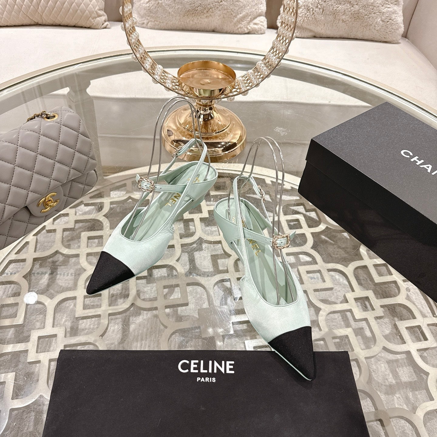zCHANE.L Cc 25 Slingback Heel Mint Green Silk And Sheepskin 268920