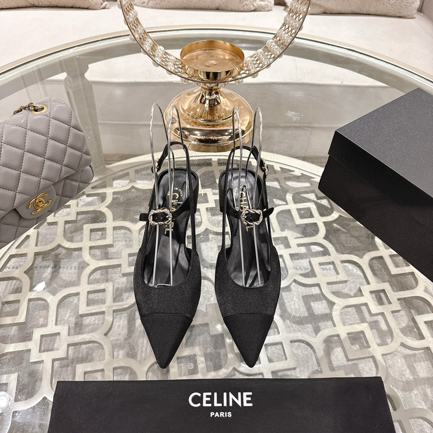 zCHANE.L Cc 25 Slingback Heel Black Silk And Sheepskin 268921