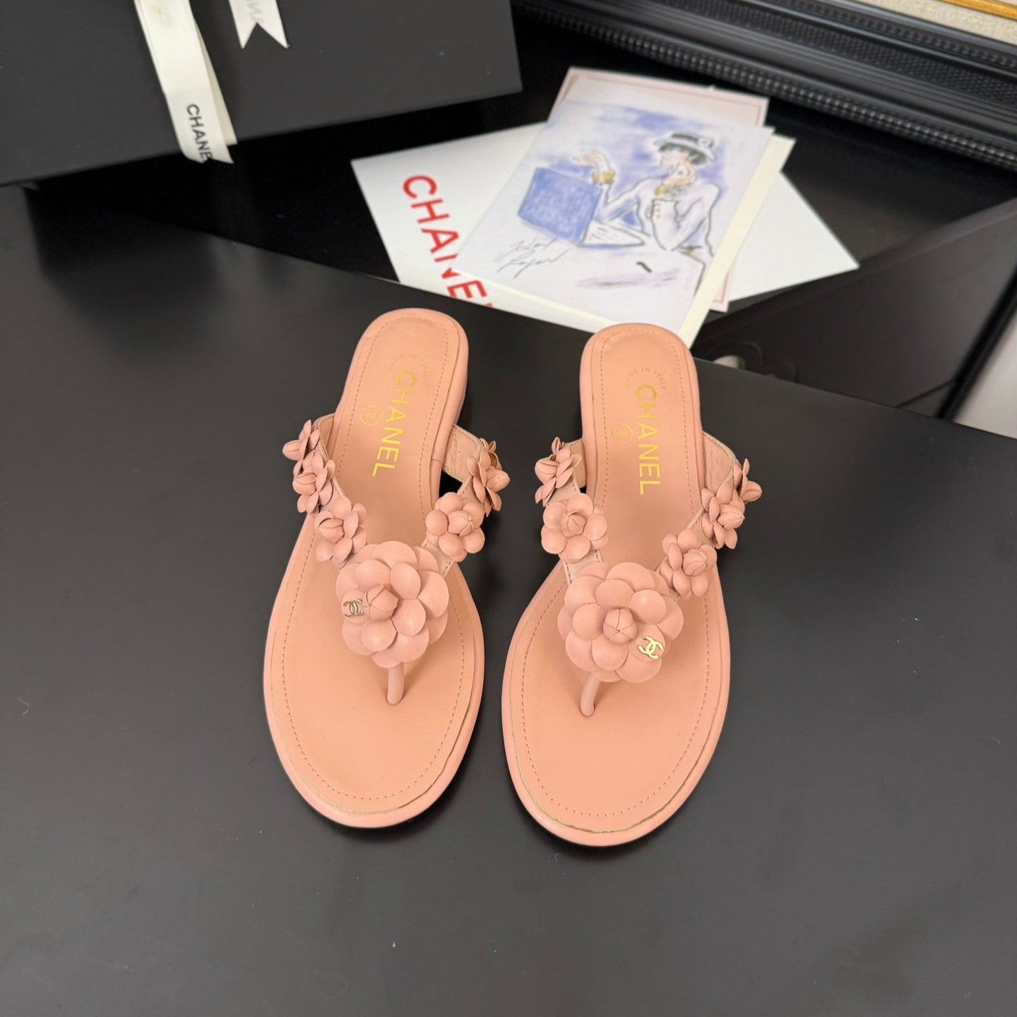 zCHANE.L 25 Flower Thong Slippers Pink Cowhide 233418
