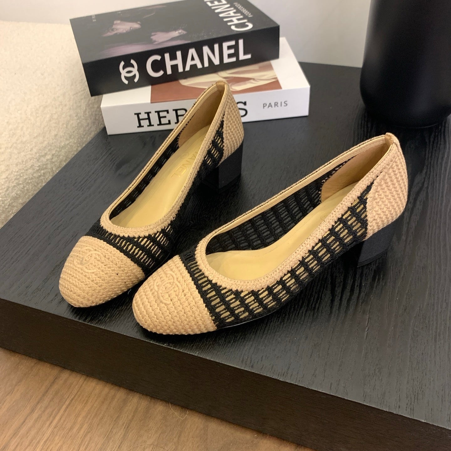 zCHANE.L 25P Ballet Heel 50Mm Black Beige Raffia