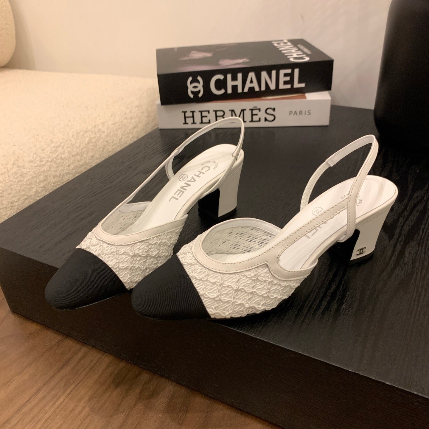zCHANE.L Cc 25 Slingback 50Mm White Fabric Grosgrain