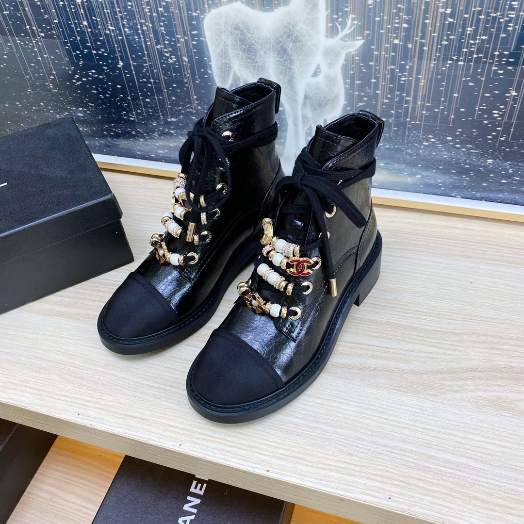 zCHANE.L Cc Combat Boots In Black Wrinkled Calfskin And Grosgrain With Faux Pearl