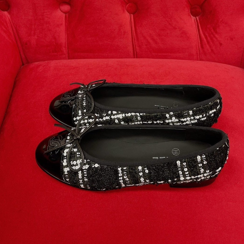 zCHANE.L Ballet Flat Black White Tweed Lambskin
