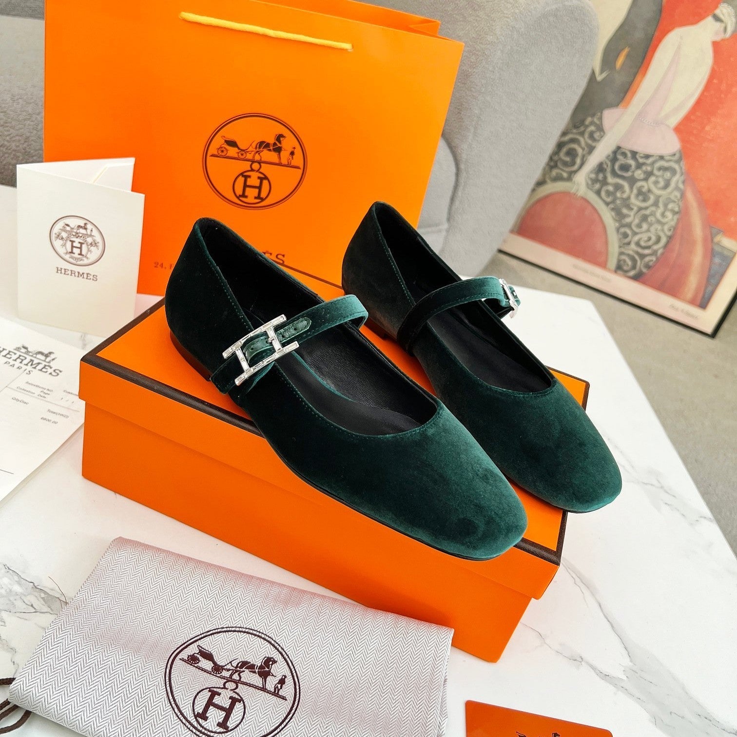 zHERME.S Jane Ballet Flat Dark Green Suede 214062