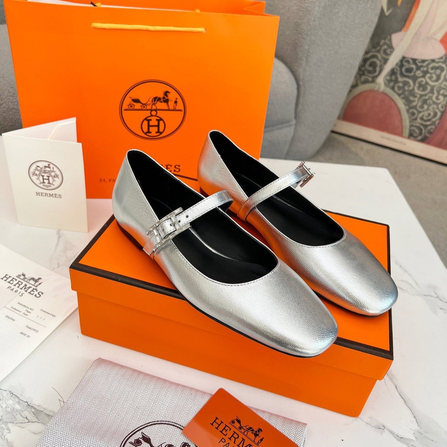zHERME.S Jane Ballet Flat Silver Calfskin 214066