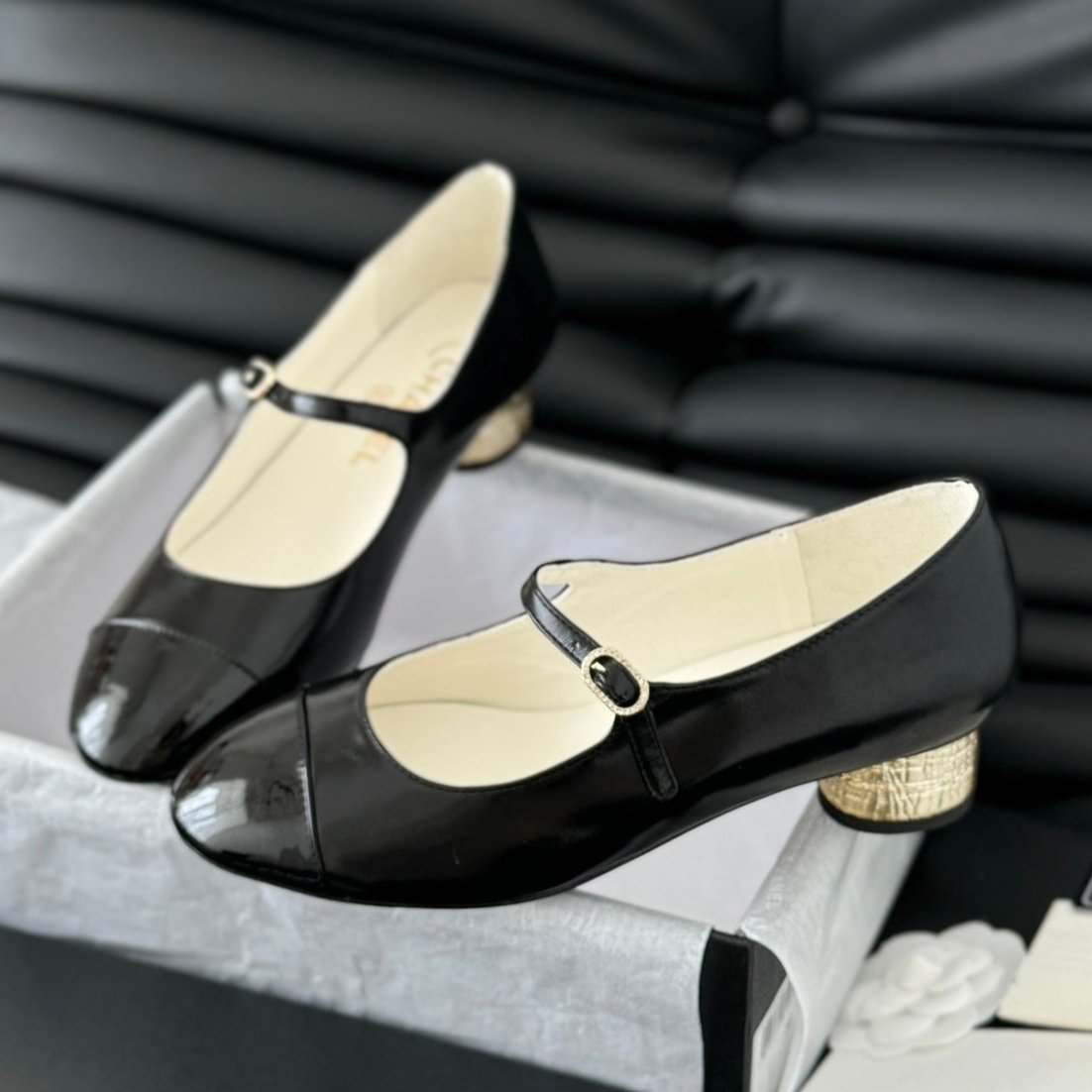 zCHANE.L Mary Jane Shoes In Black Lambskin With Gold Hardware