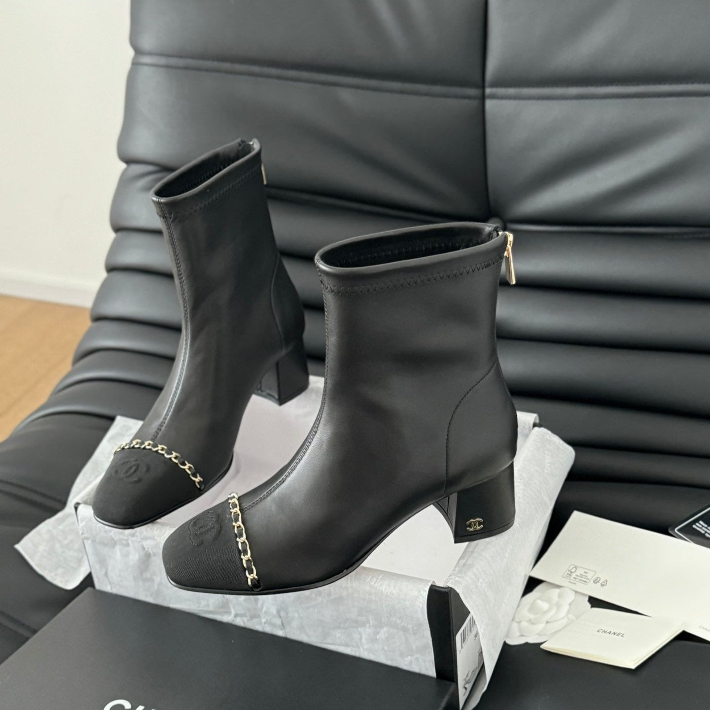 zCHANE.L Cc Ankle Boot Black Calfskin Grosgrain Leather Strap