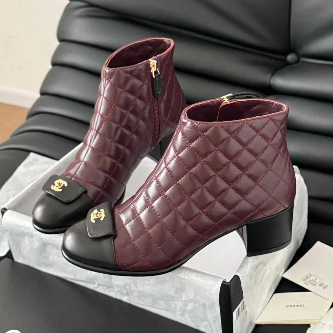 zCHANE.L Cc Short Boots 65 Mm In Sangria Purple Mix Black Quilted Pattern Lambskin